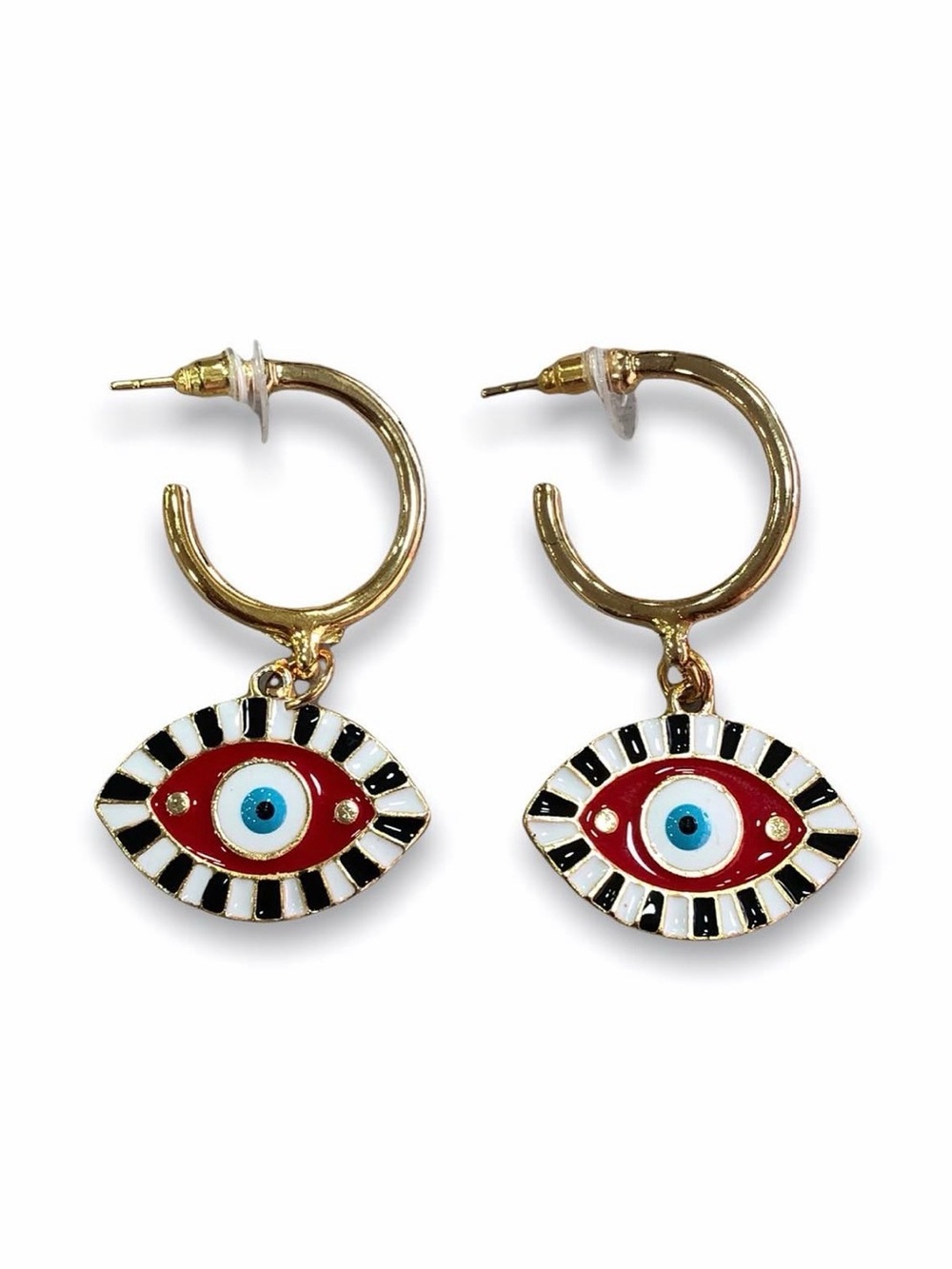 Gold Hoop Earrings with Red Enamel Evil Eye Charm